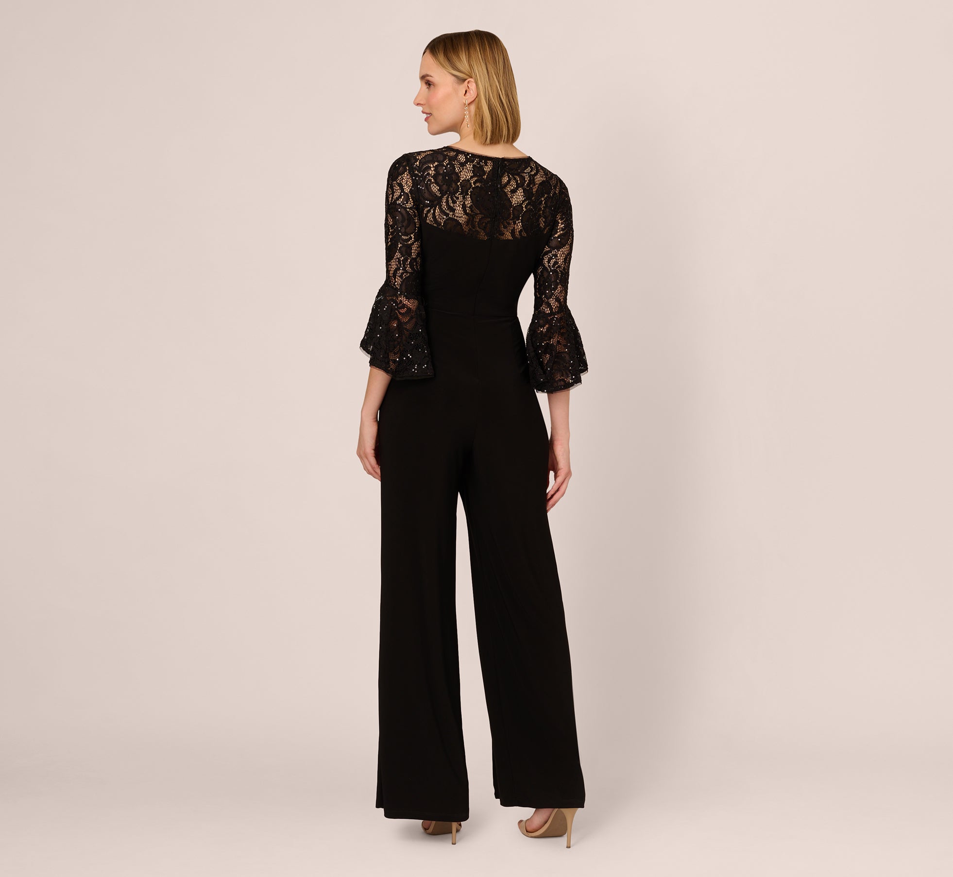 Wide Leg Jersey Jumpsuit With Sheer Lace Bell Sleeves In Black