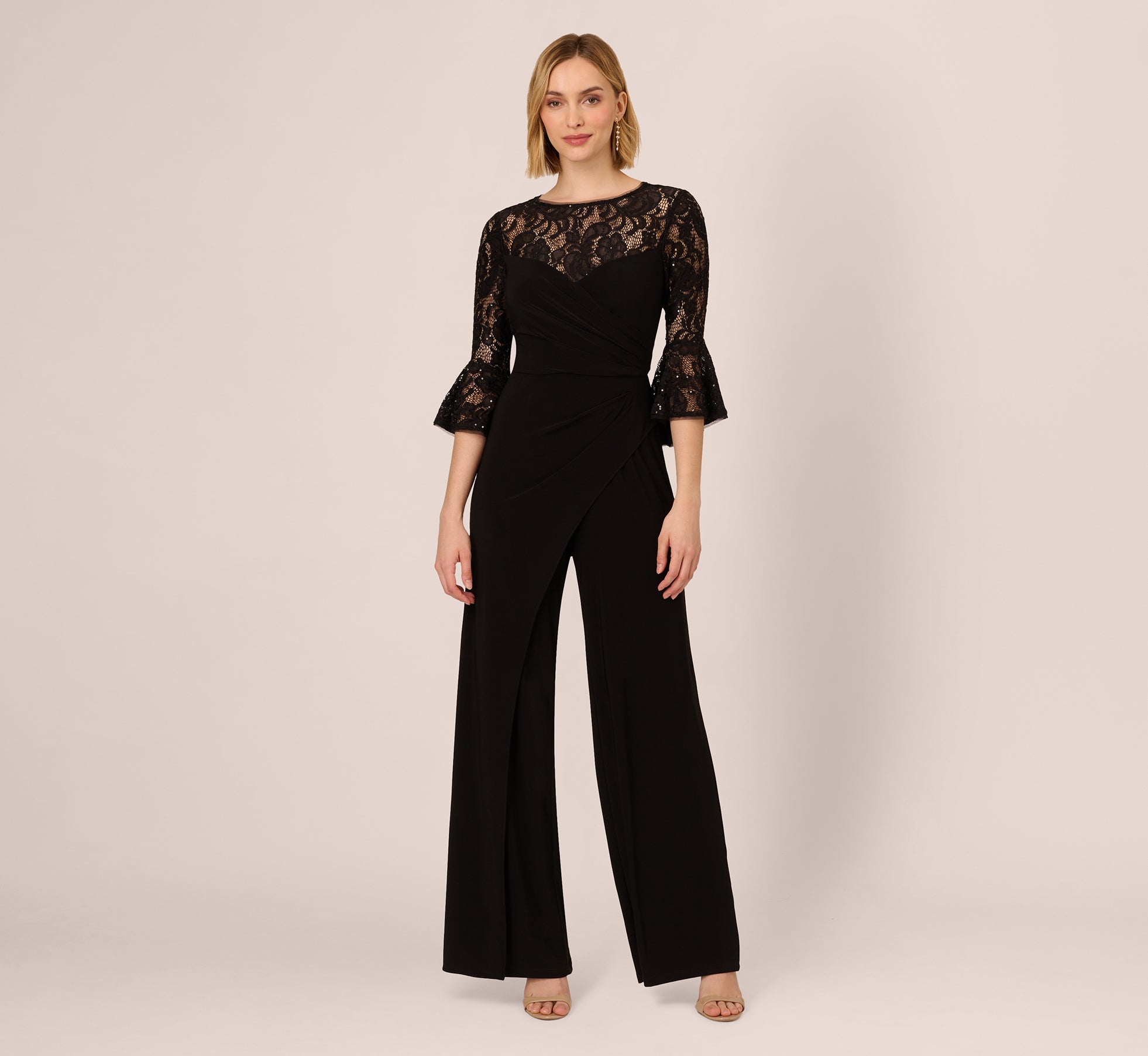 Wide Leg Jersey Jumpsuit With Sheer Lace Bell Sleeves In Black