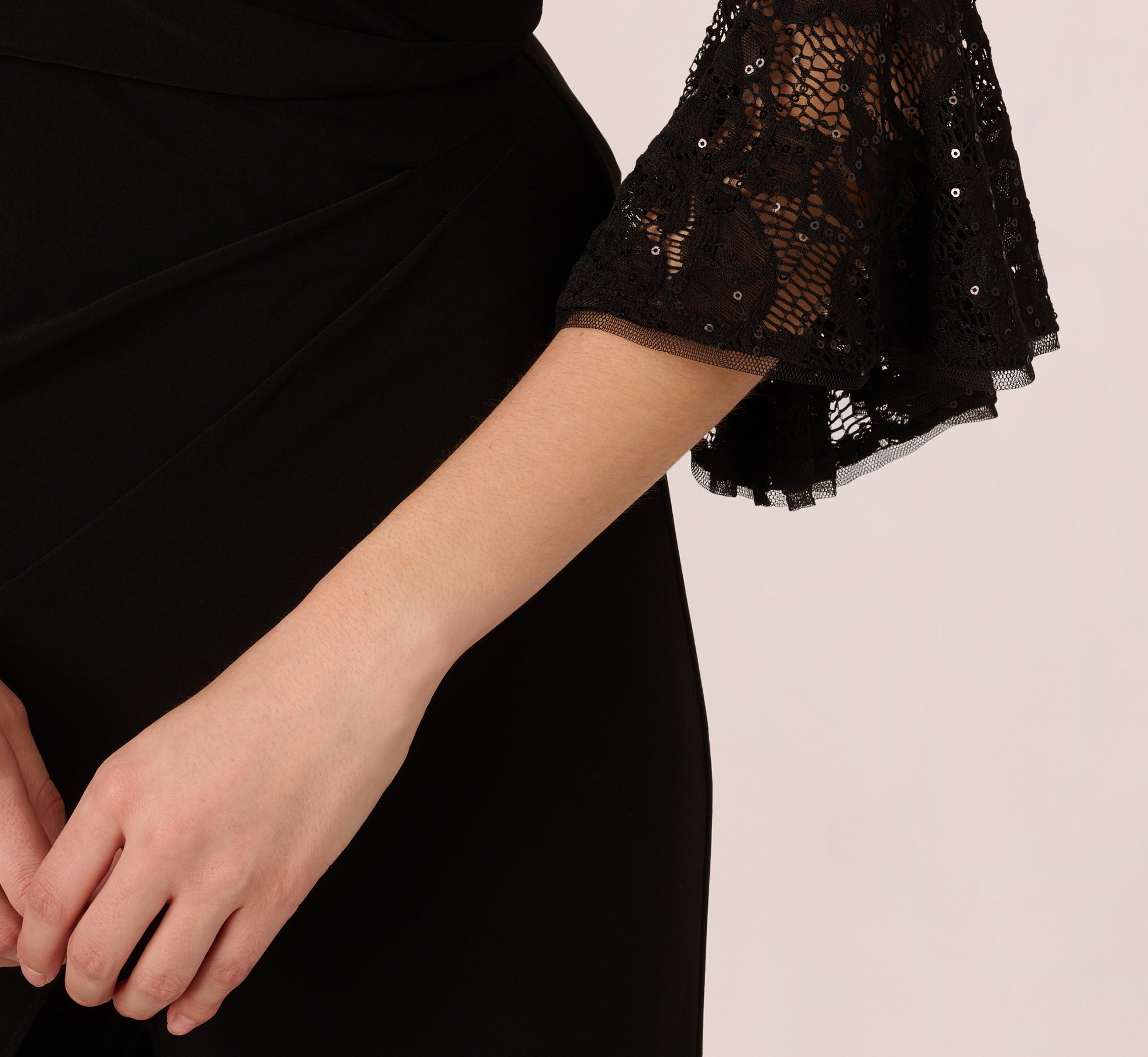 Wide Leg Jersey Jumpsuit With Sheer Lace Bell Sleeves In Black
