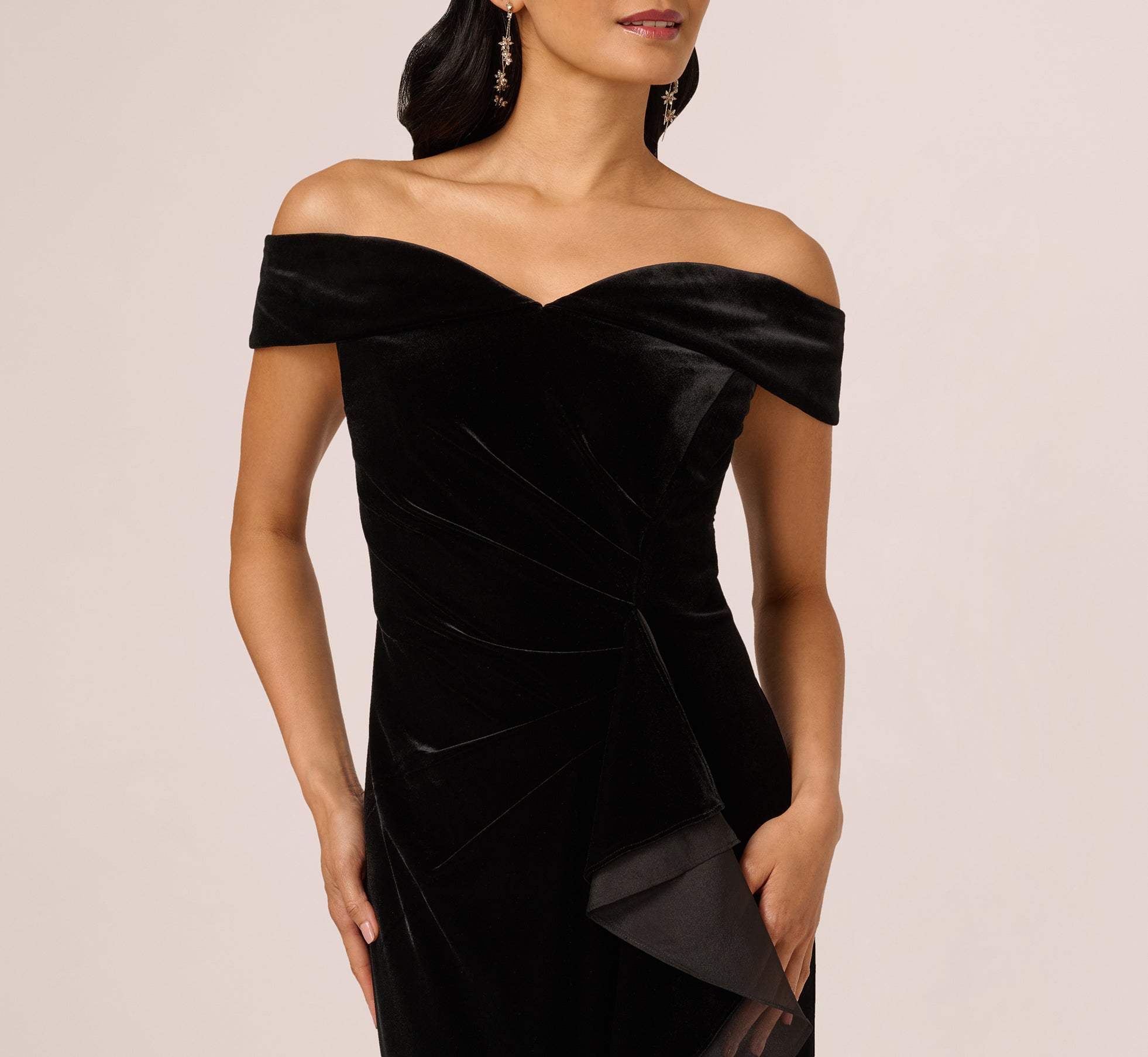 Off The Shoulder Velvet Mermaid Gown With Organza Ruffle In Black