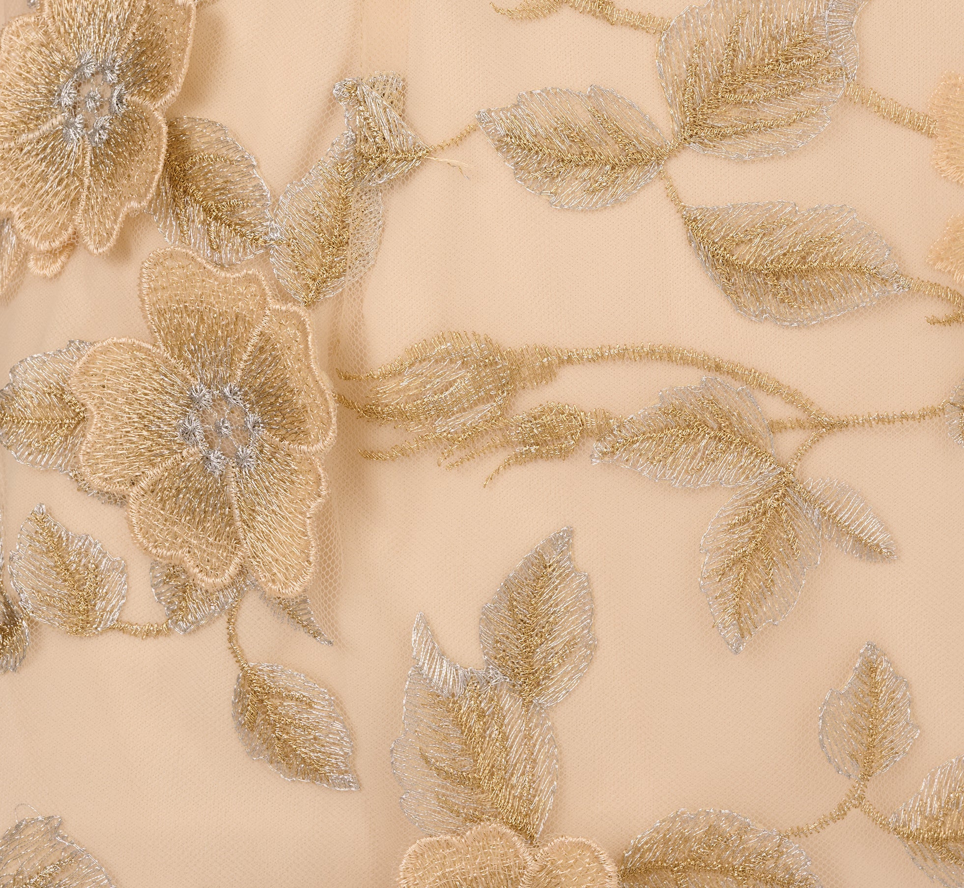 Cap Sleeve Floral Embroidered Illusion Godet Gown In Champagne