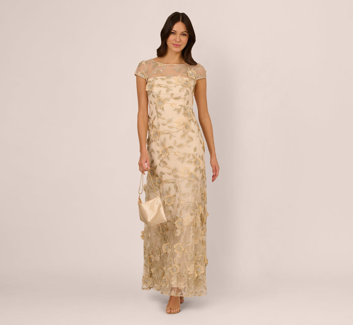 Cap Sleeve Floral Embroidered Illusion Godet Gown In Champagne