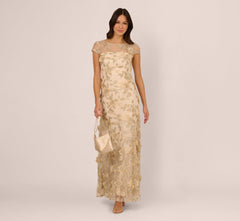 Cap Sleeve Floral Embroidered Illusion Godet Gown In Champagne