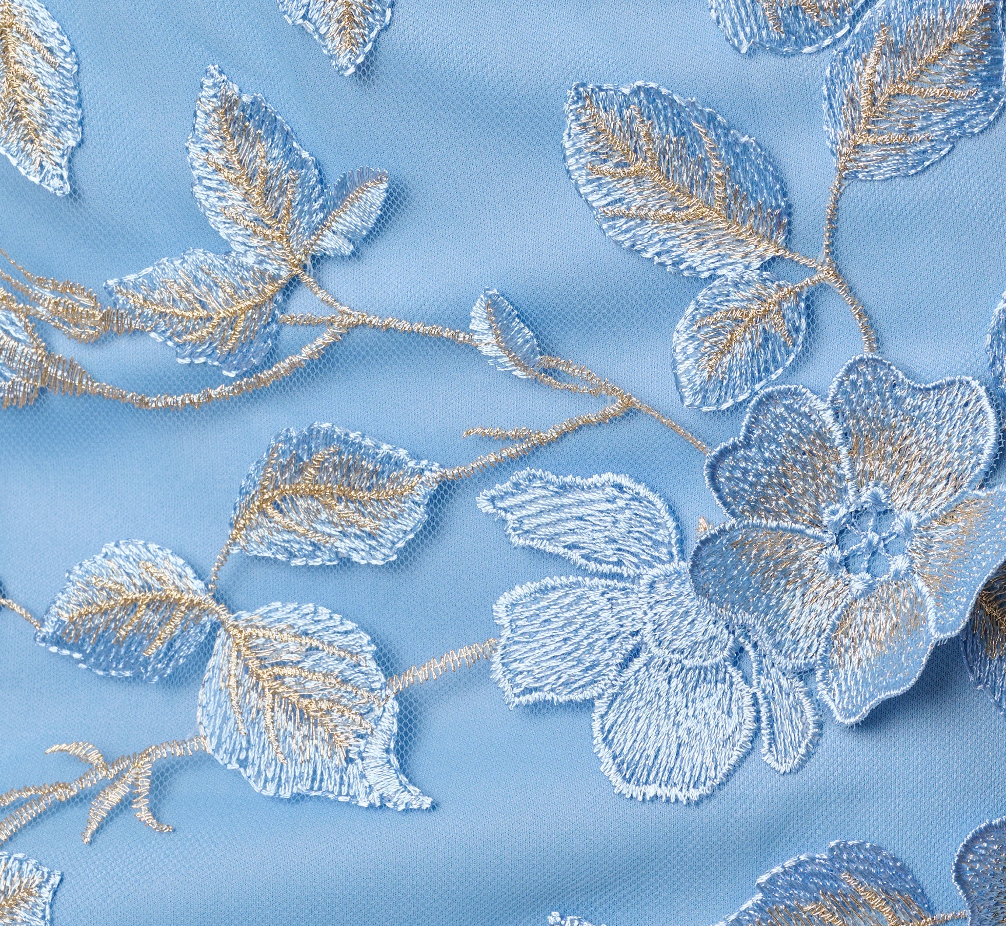 Cap Sleeve Floral Embroidered Illusion Godet Gown In Light Blue Gold