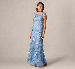 Cap Sleeve Floral Embroidered Illusion Godet Gown In Light Blue Gold
