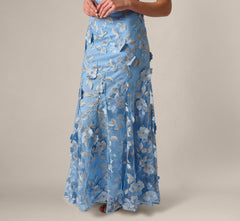 Cap Sleeve Floral Embroidered Illusion Godet Gown In Light Blue Gold