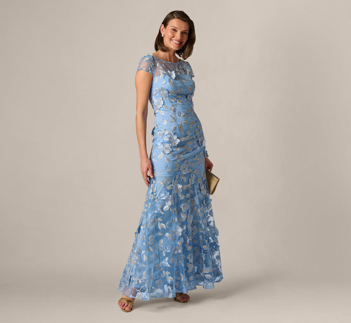Cap Sleeve Floral Embroidered Illusion Godet Gown In Light Blue Gold