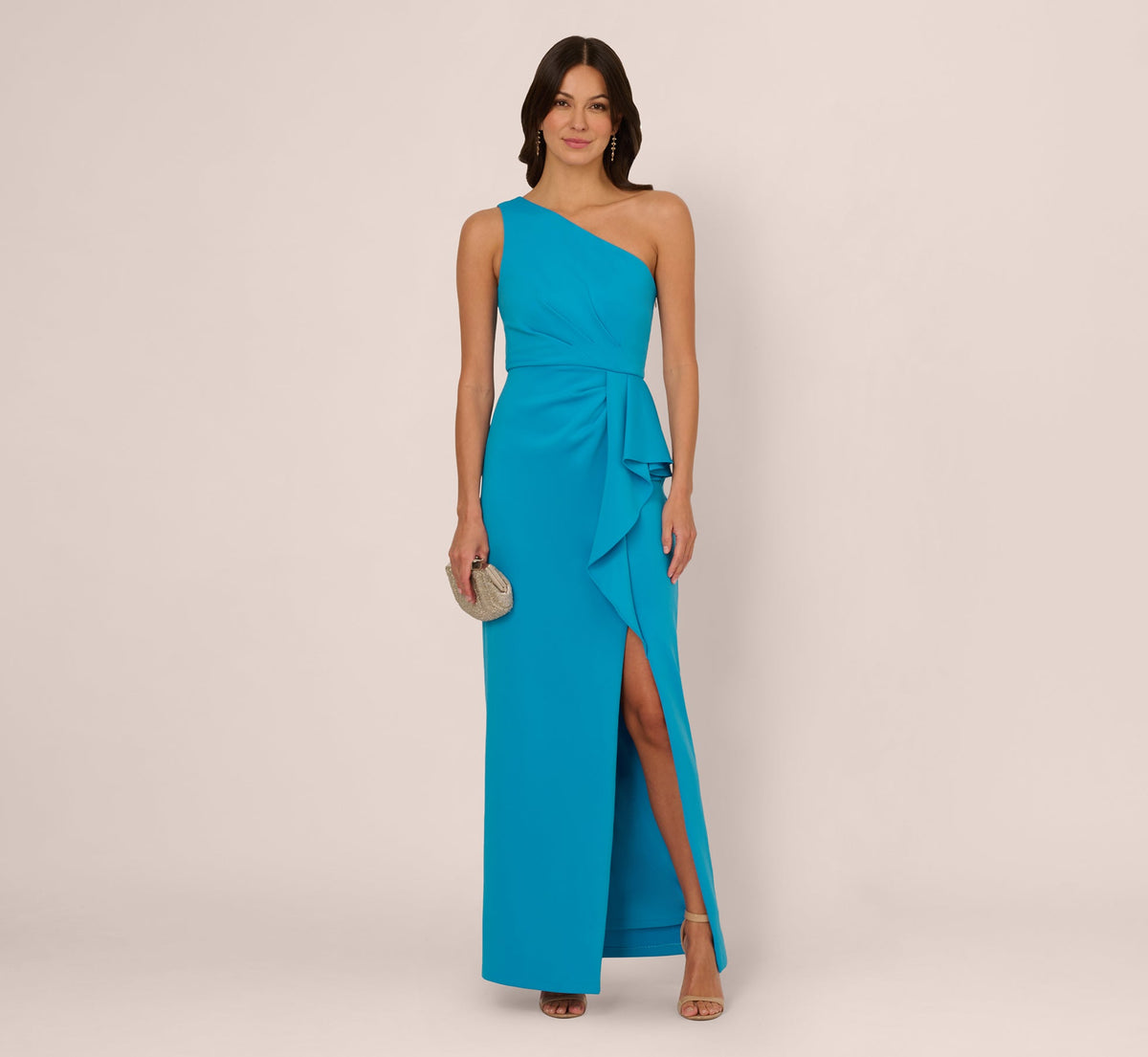 One Shoulder Draped Column Gown In Blue Azure