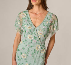 Flutter Sleeve Beaded Wrap Dress In Aqua Dust