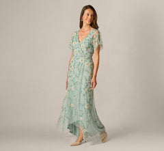Flutter Sleeve Beaded Wrap Dress In Aqua Dust
