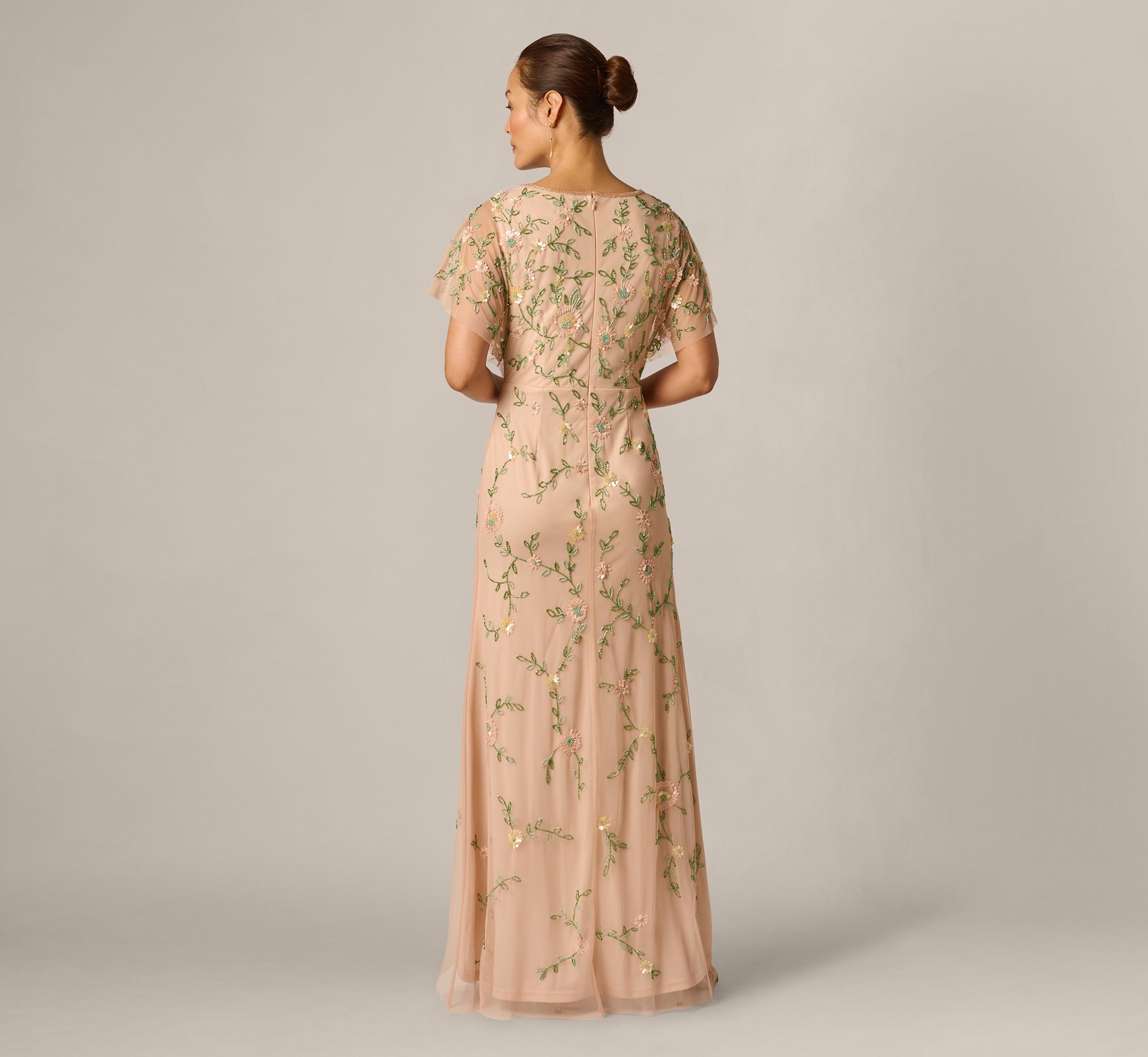 Flutter Sleeve Beaded Wrap Dress In Blush Multi