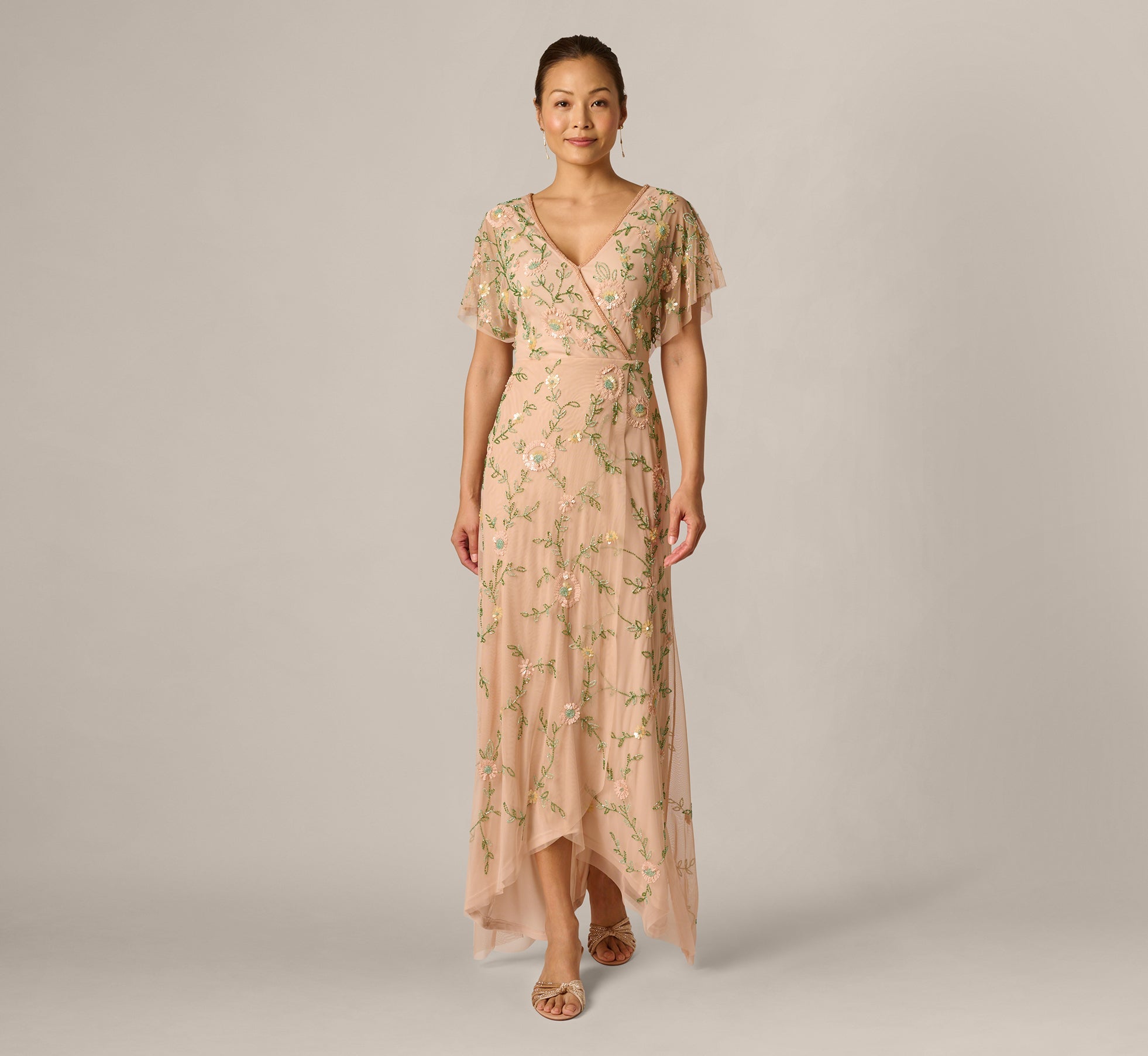 Flutter Sleeve Beaded Wrap Dress In Blush Multi