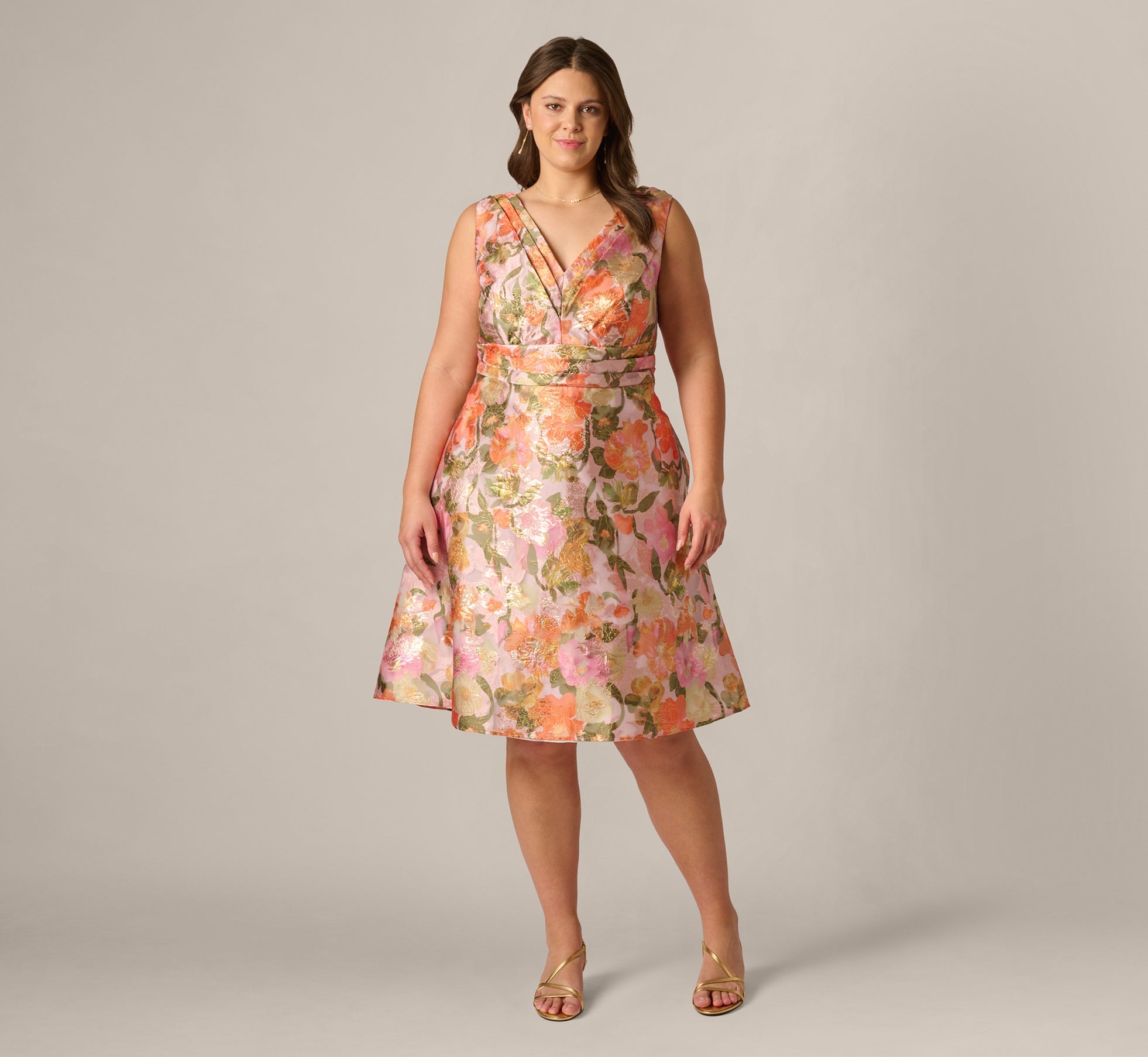 Plus Size Metallic Floral Jacquard Midi Dress In Yellow Orange Multi