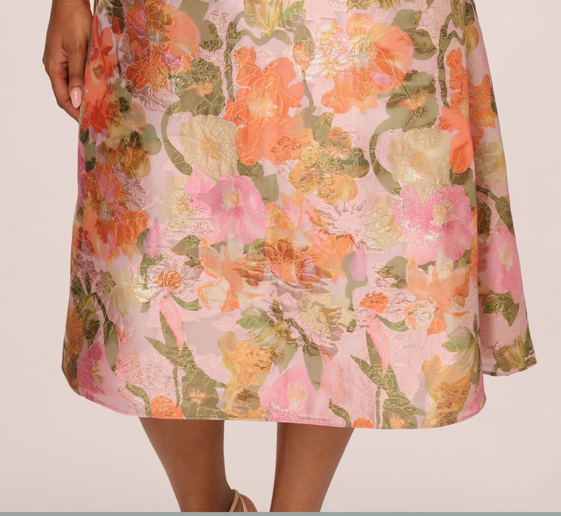 Plus Size Metallic Floral Jacquard Midi Dress In Yellow Orange Multi