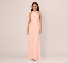 Floral Embellished Crossover Halter Gown In Peach Kiss