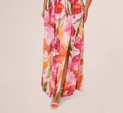 Plus Size Sleeveless Surplice Floral Chiffon Gown In Pink Orange Multi