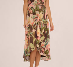 Flutter Sleeve High Low Midi Wrap Dress In Brown Multi