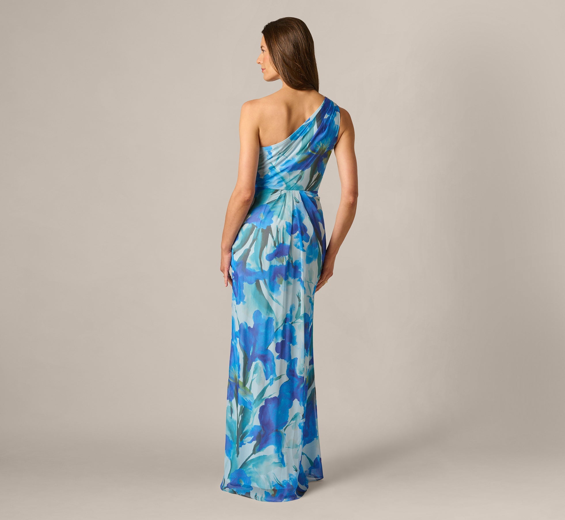 One Shoulder Floral Chiffon Draped Gown In Blue Multi