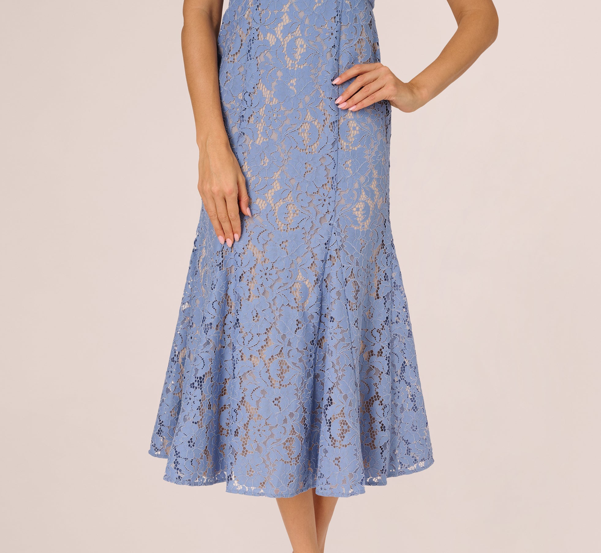 Cap Sleeve Lace Midi Dress In French Blue Nude