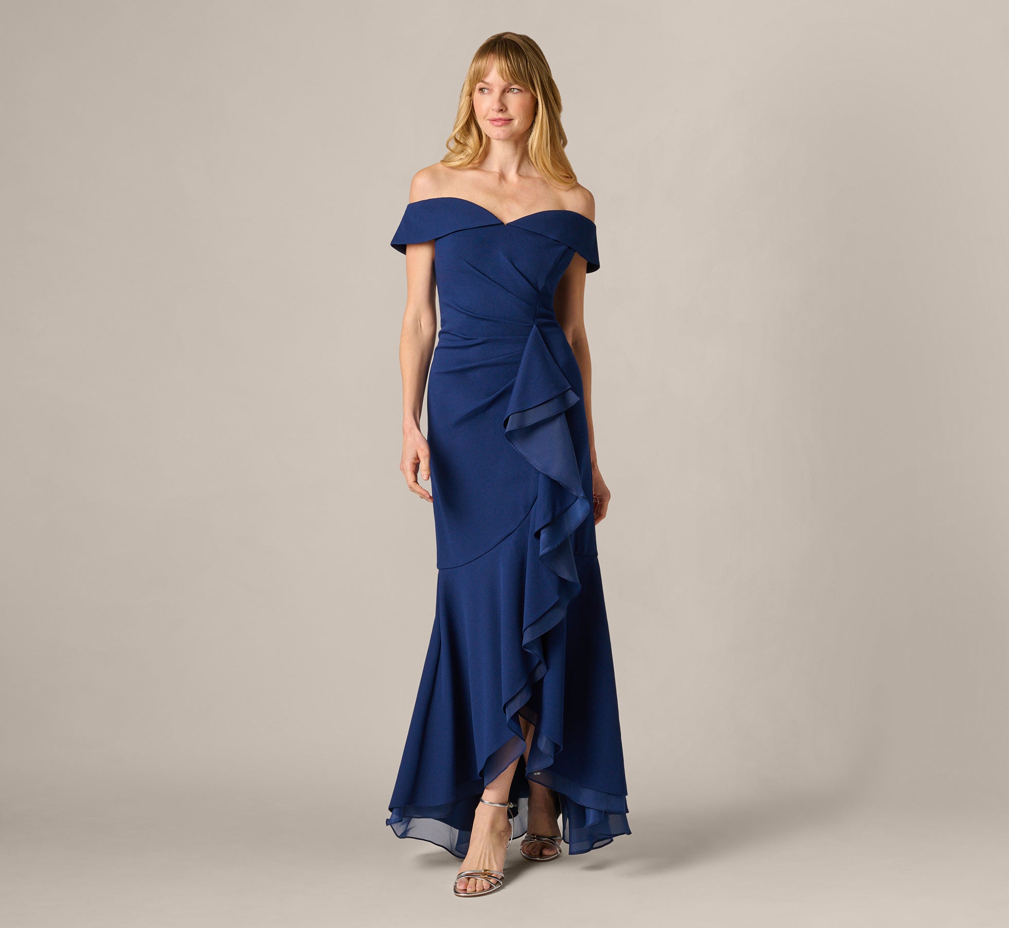 Off Shoulder Stretch Crepe Draped Gown In Navy Sateen