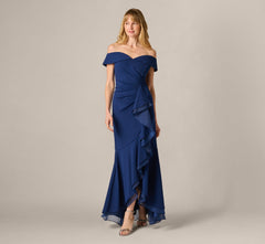 Off Shoulder Stretch Crepe Draped Gown In Navy Sateen