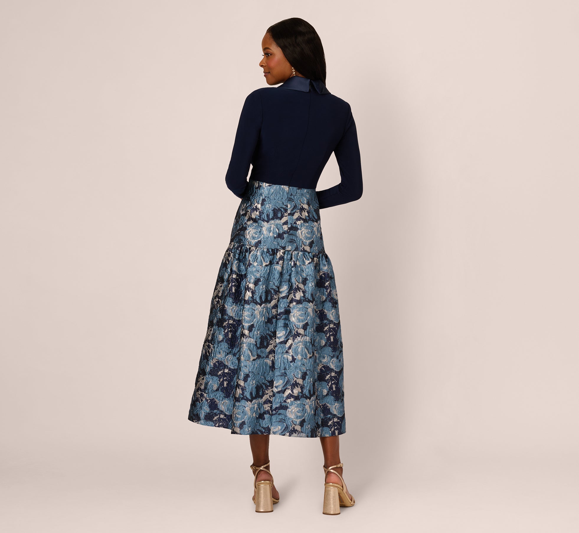 Long Sleeve Tuxedo Jacquard Combo Gown In Midnight Multi