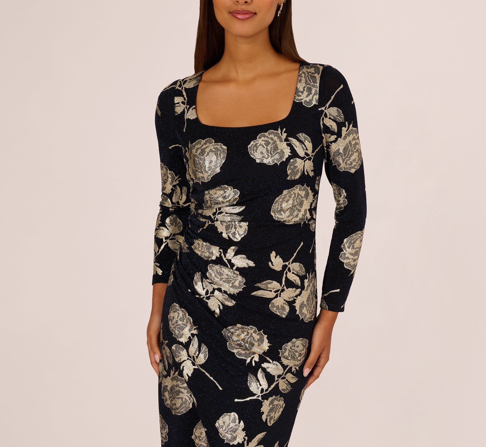 Long Sleeve Stretch Metallic Rose Floral Midi Dress In Navy Gold