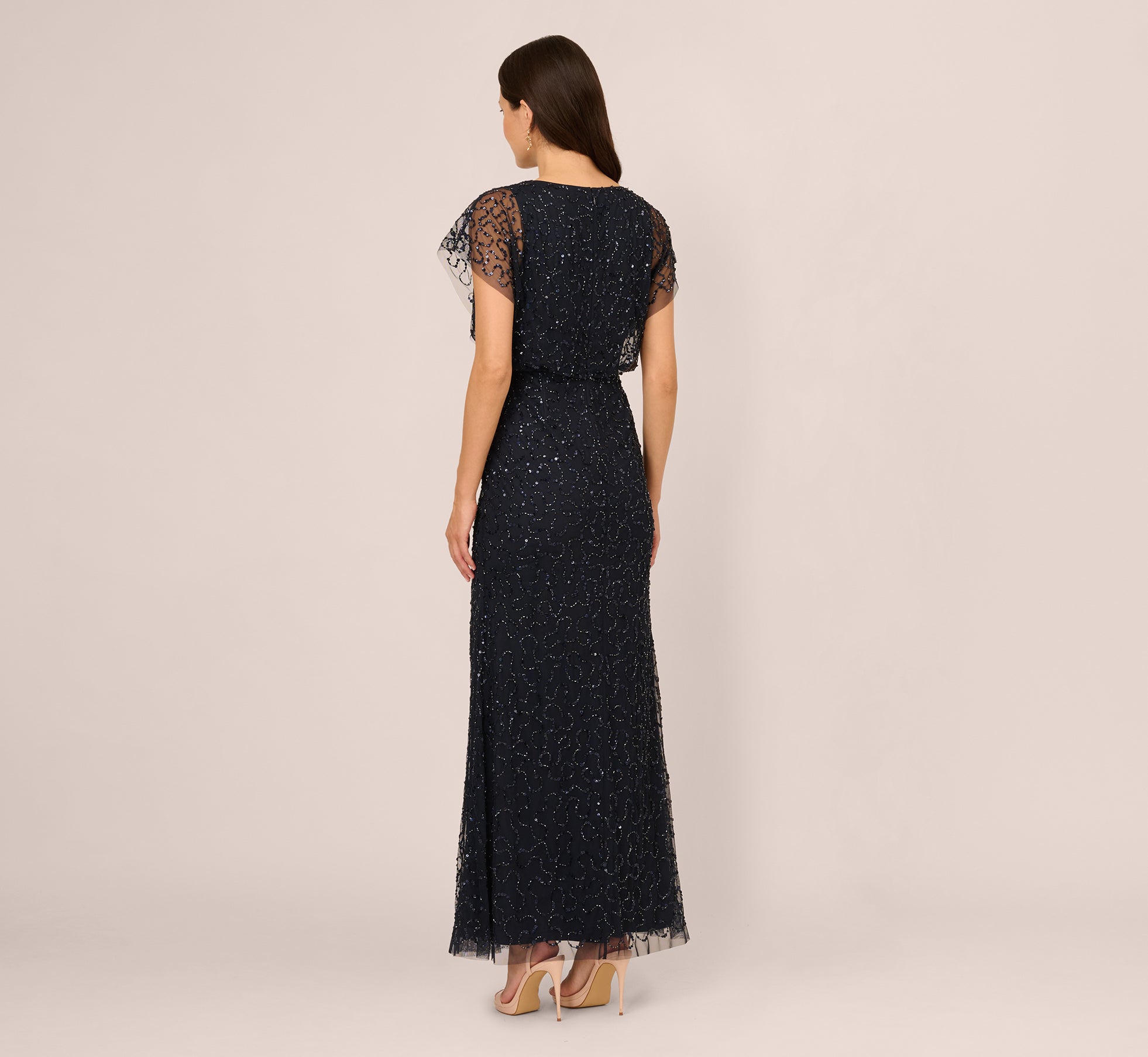 Short Sleeve Beaded Floral Embroidery Gown In Midnight Multi