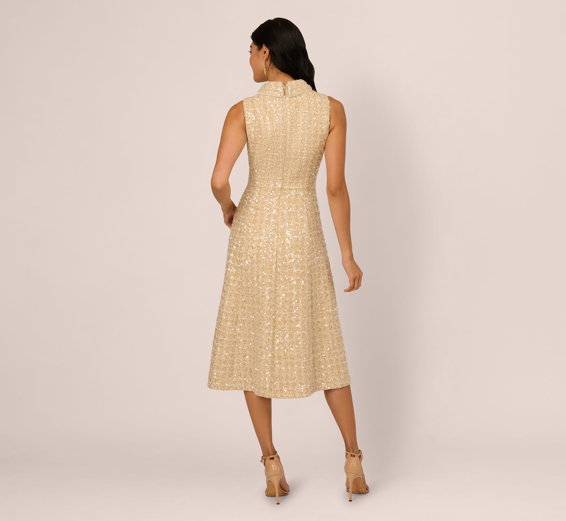 Collared Sequin Tweed Midi Dress In Champagne