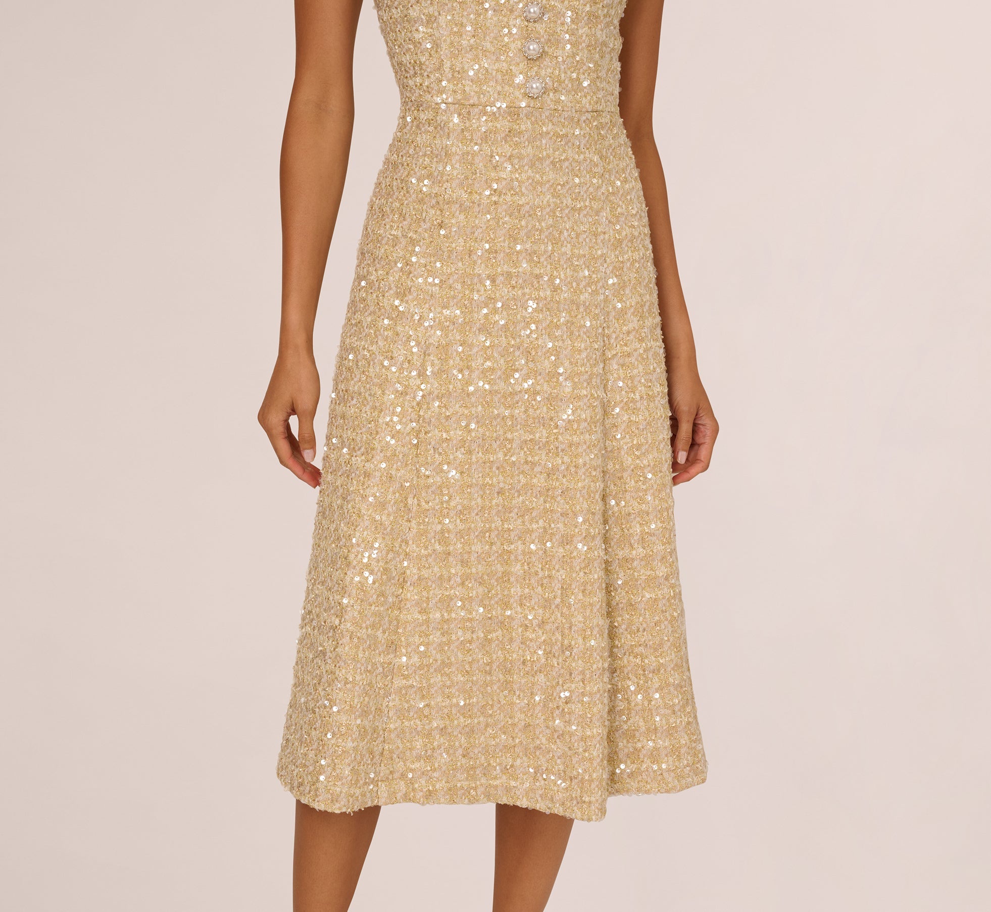 Collared Sequin Tweed Midi Dress In Champagne