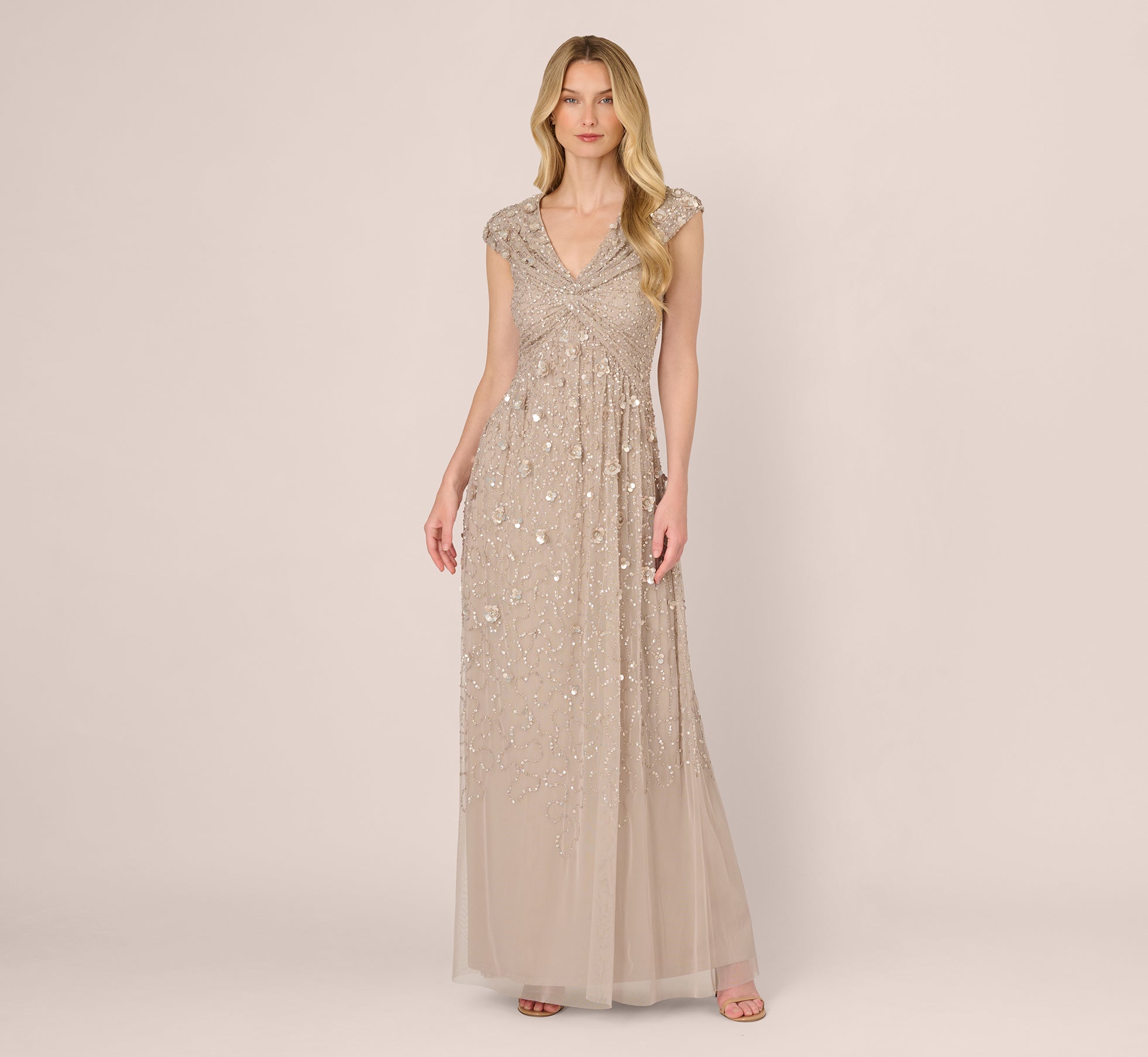 Cap Sleeve Beaded Sequin Floral Gown In Marble