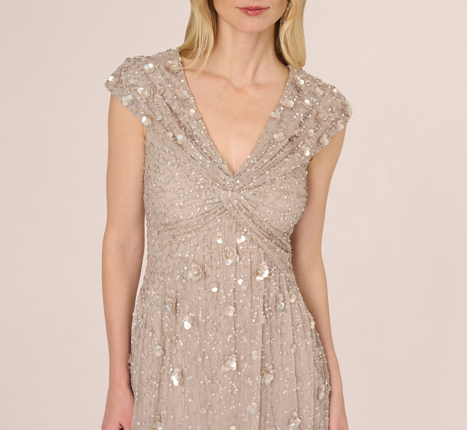 Cap Sleeve Beaded Sequin Floral Gown In Marble