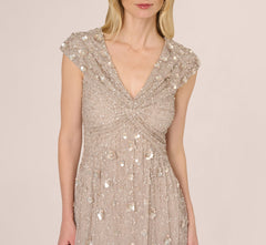 Cap Sleeve Beaded Sequin Floral Gown In Marble
