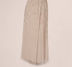 Cap Sleeve Beaded Sequin Floral Gown In Marble