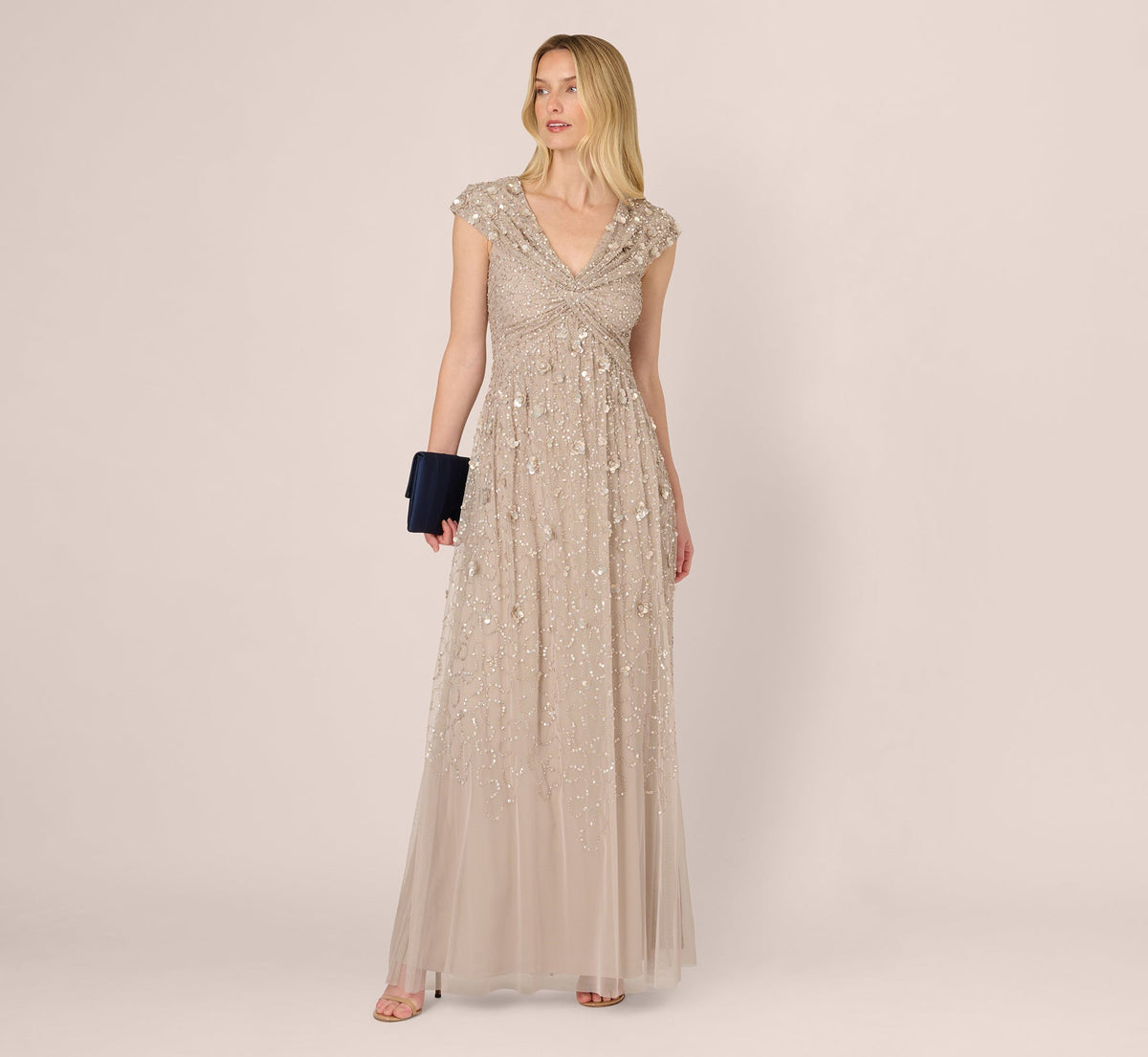 Cap Sleeve Beaded Sequin Floral Gown In Marble
