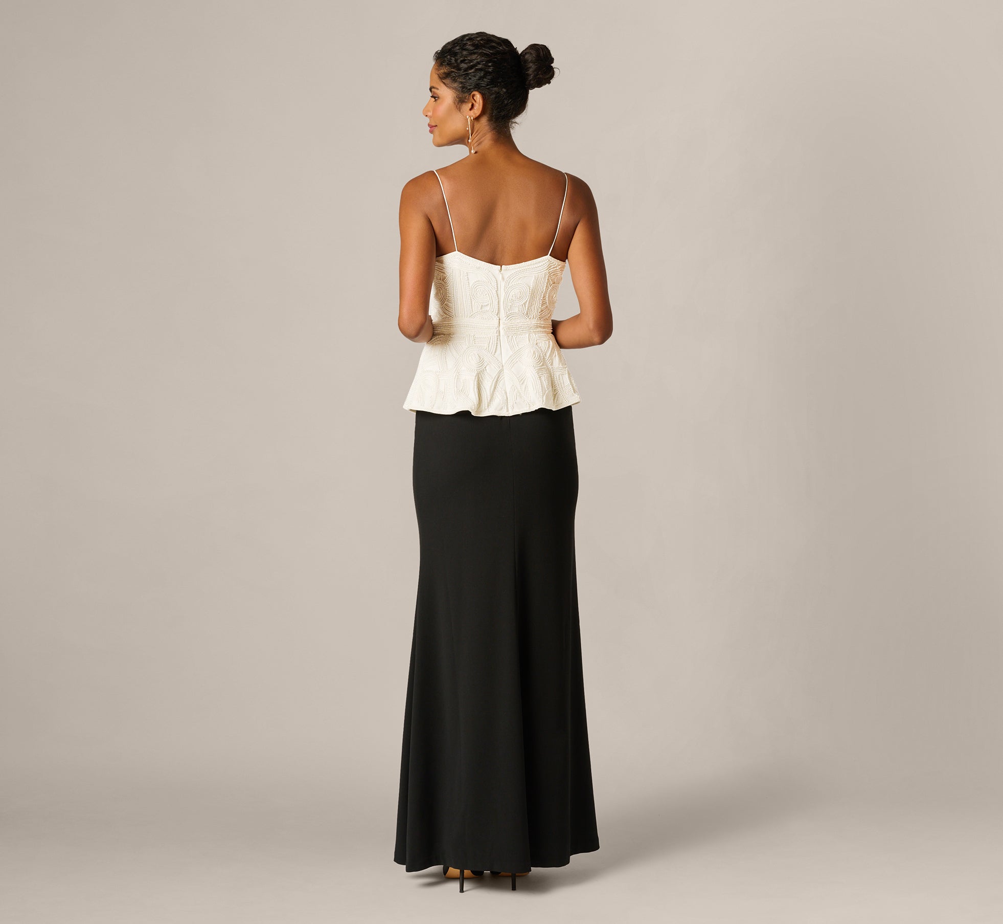 Pearly Beaded Peplum Combo Gown In Black Ivory