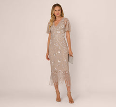 Flutter Sleeve Floral Beaded Fringe Midi Dress In Marble