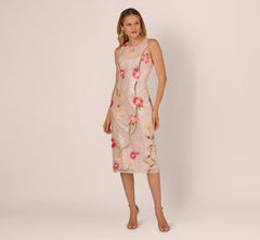 Sequin Floral Midi Sheath Dress In Silver Blush Multi