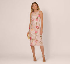 Sequin Floral Midi Sheath Dress In Silver Blush Multi