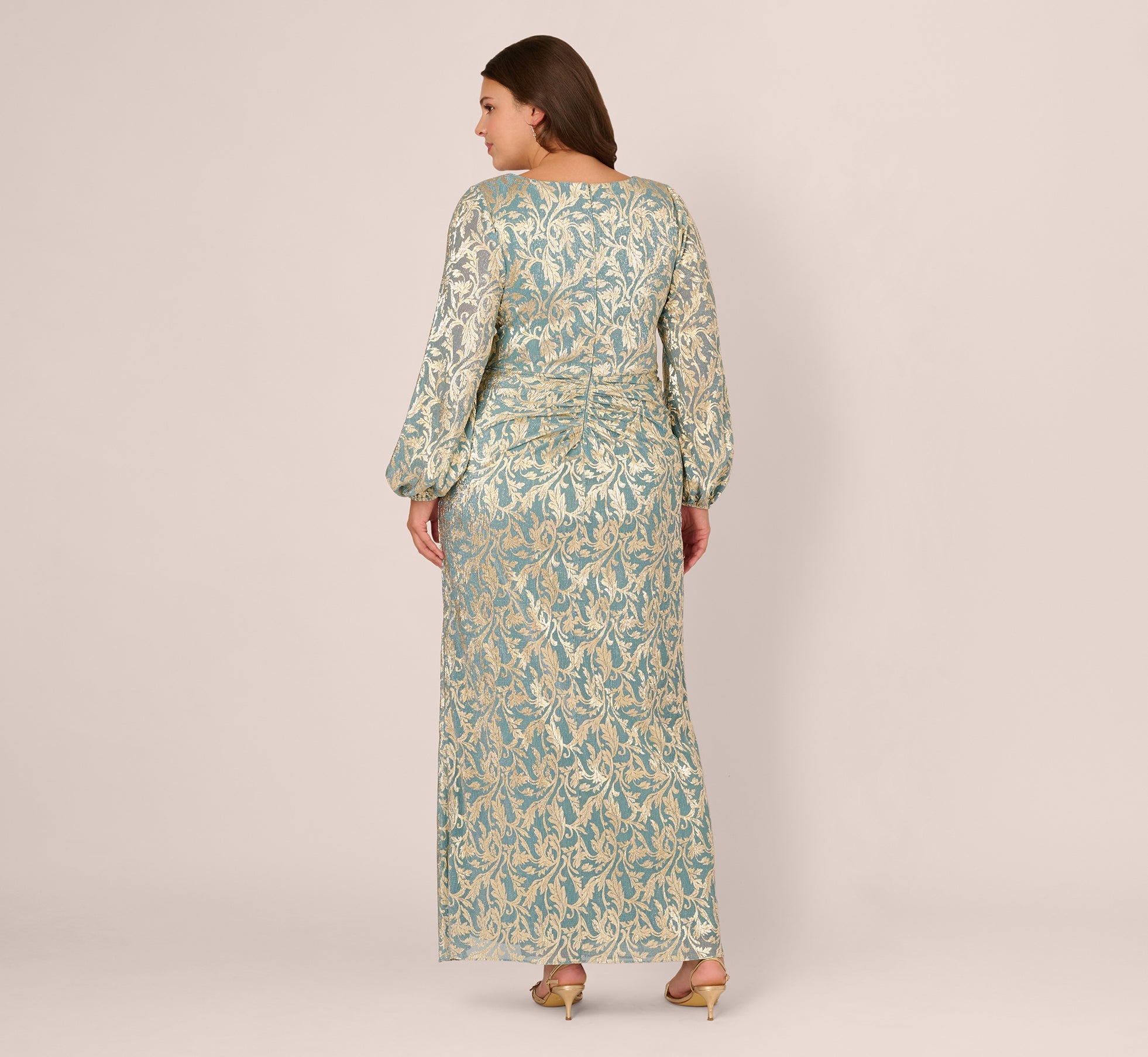 Plus Size Long Sleeve Metallic Crinkle Drape Gown In Mint Gold