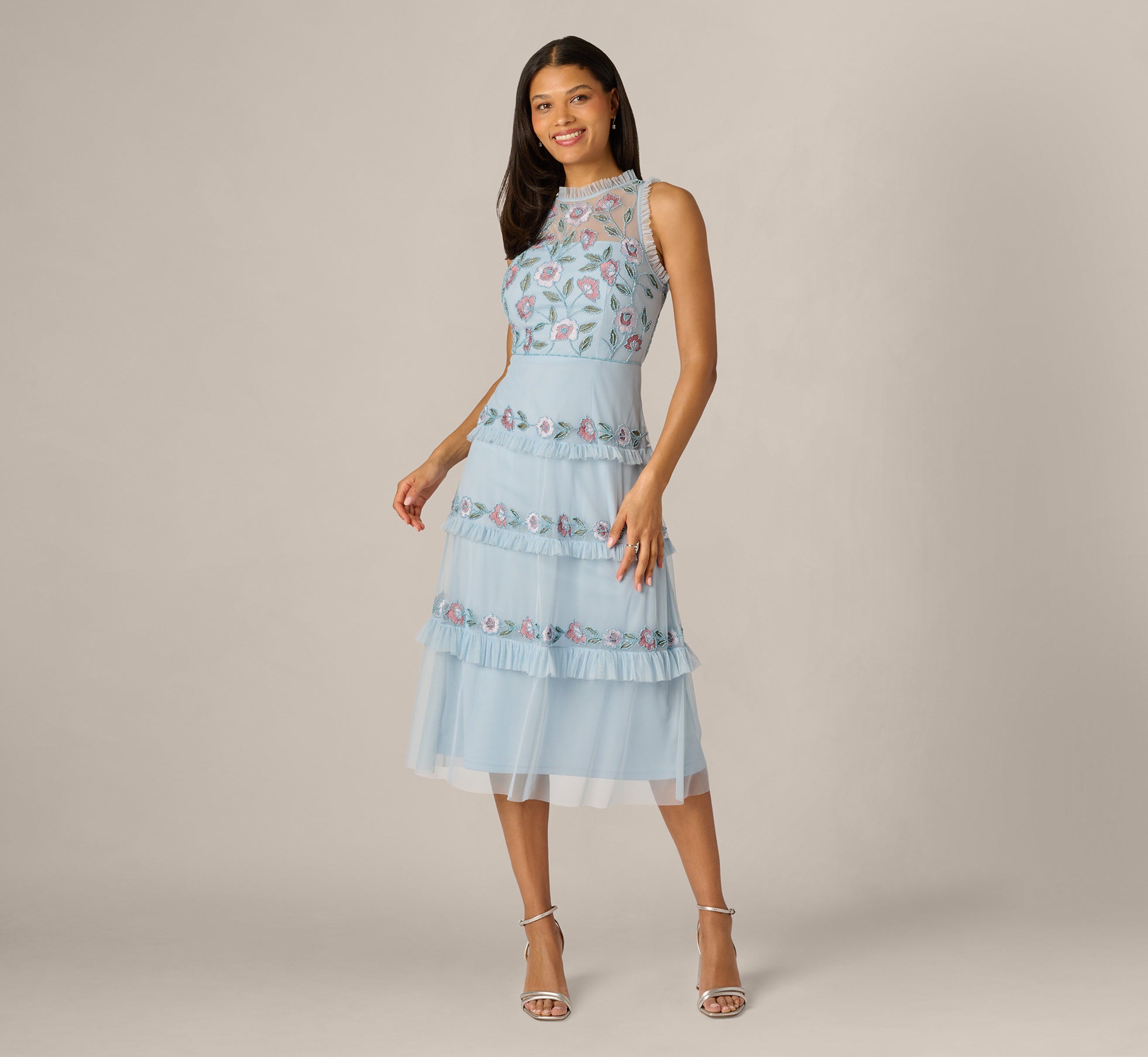 Sleeveless Floral Beaded Embroidery Ruffle Midi Dress In Elegant Sky Multi