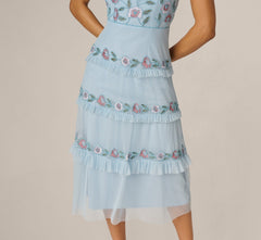 Sleeveless Floral Beaded Embroidery Ruffle Midi Dress In Elegant Sky Multi