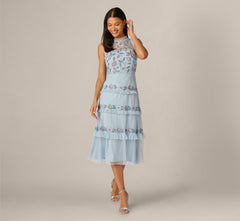 Sleeveless Floral Beaded Embroidery Ruffle Midi Dress In Elegant Sky Multi