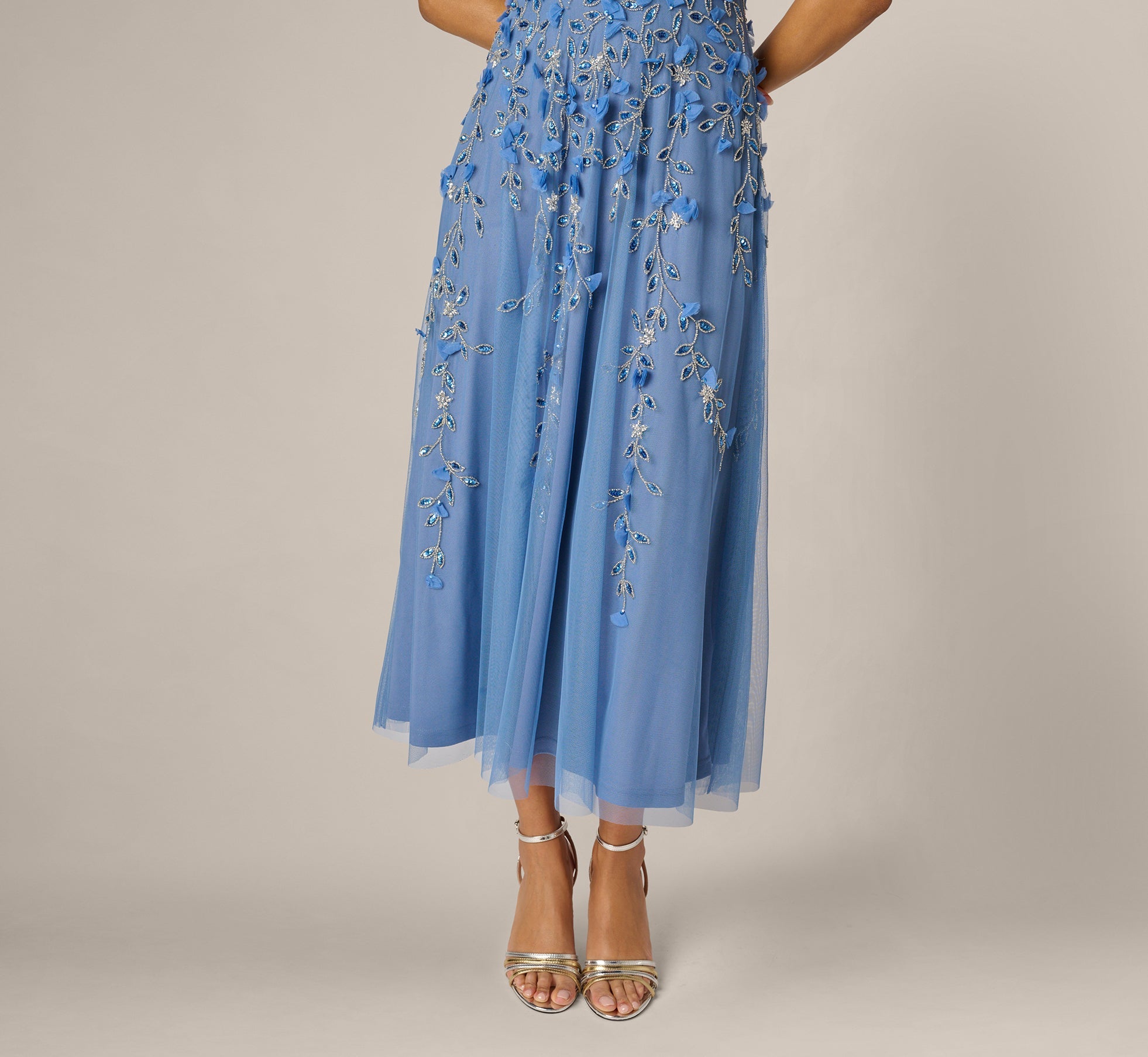 One Shoulder 3D Floral Beaded Ankle Dress In French Blue
