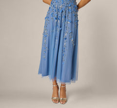 One Shoulder 3D Floral Beaded Ankle Dress In French Blue
