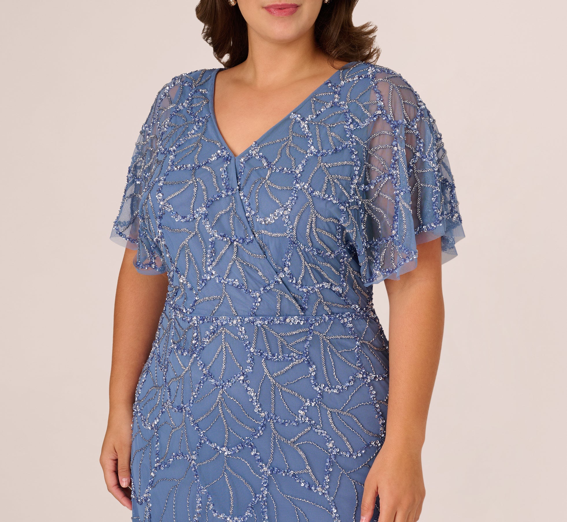 Plus Size Flutter Sleeve Surplice Beaded Gown In French Blue