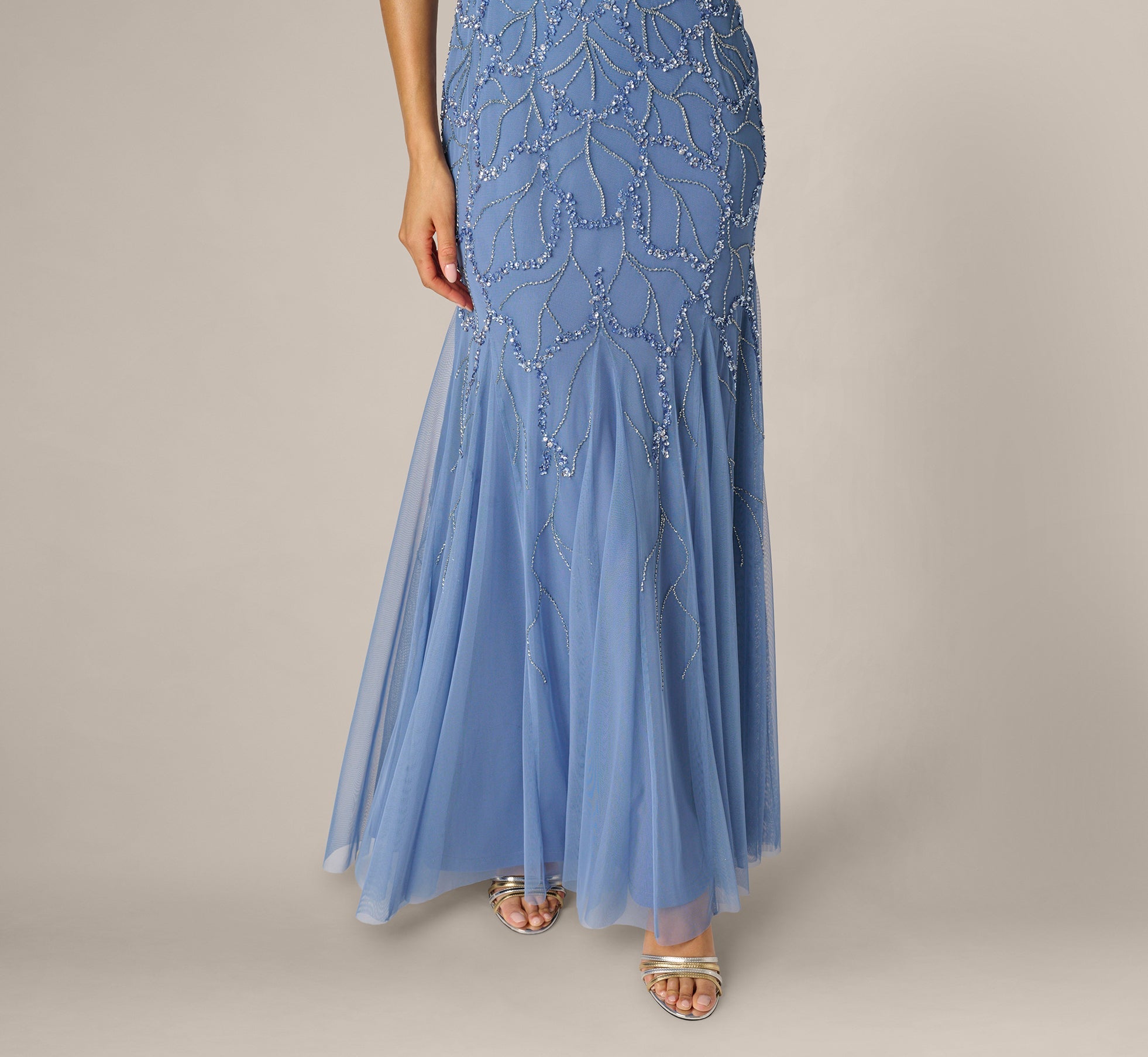 Flutter Sleeve Surplice Beaded Gown In French Blue