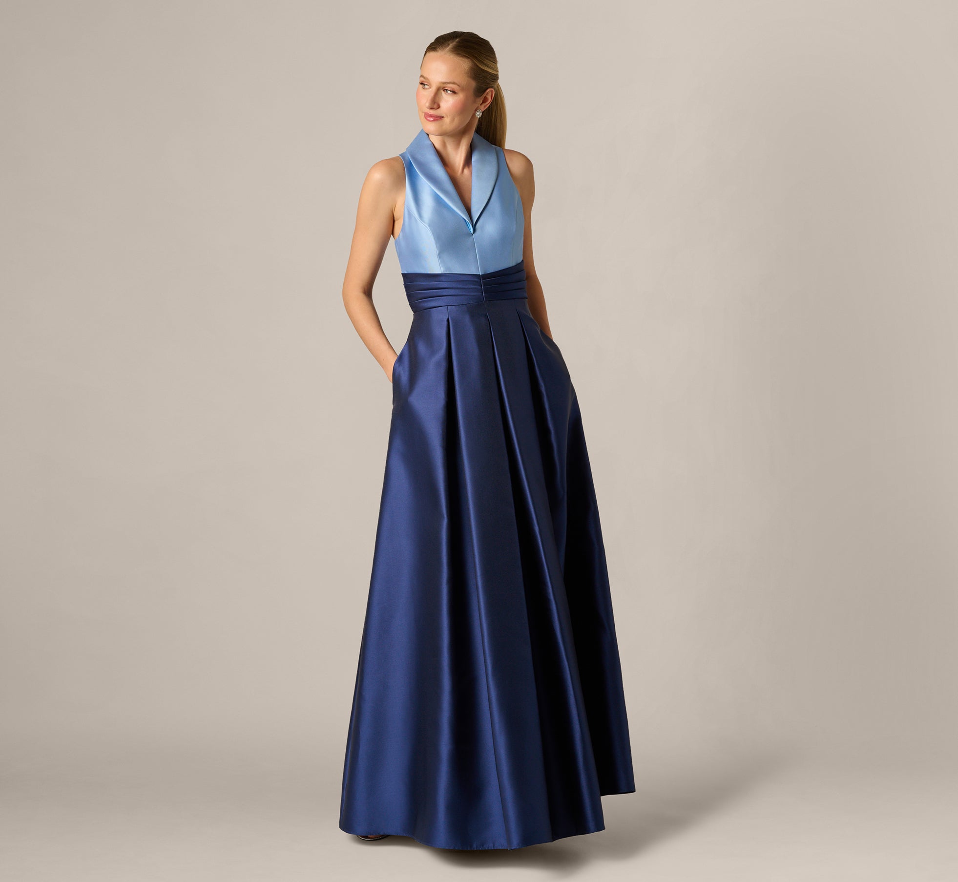 Sleeveless Color Block Tuxedo Ballgown In Icy Topaz Navy