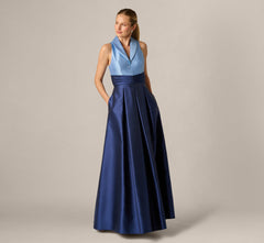 Sleeveless Color Block Tuxedo Ballgown In Icy Topaz Navy