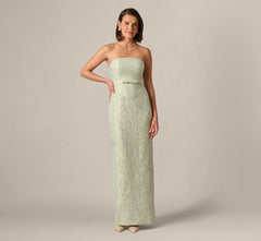 Strapless Metallic Jacquard Column Gown In Mint Glaze